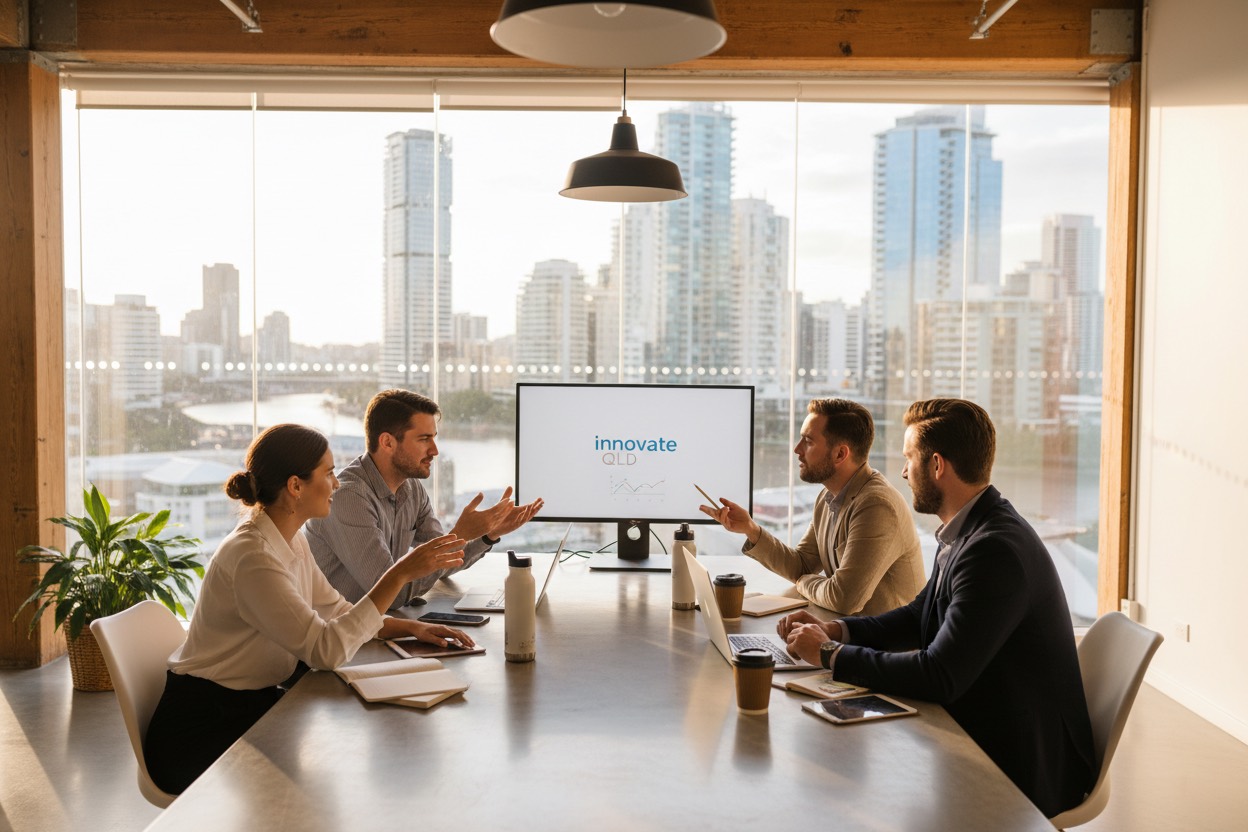 Team meeting in a modern office with city views