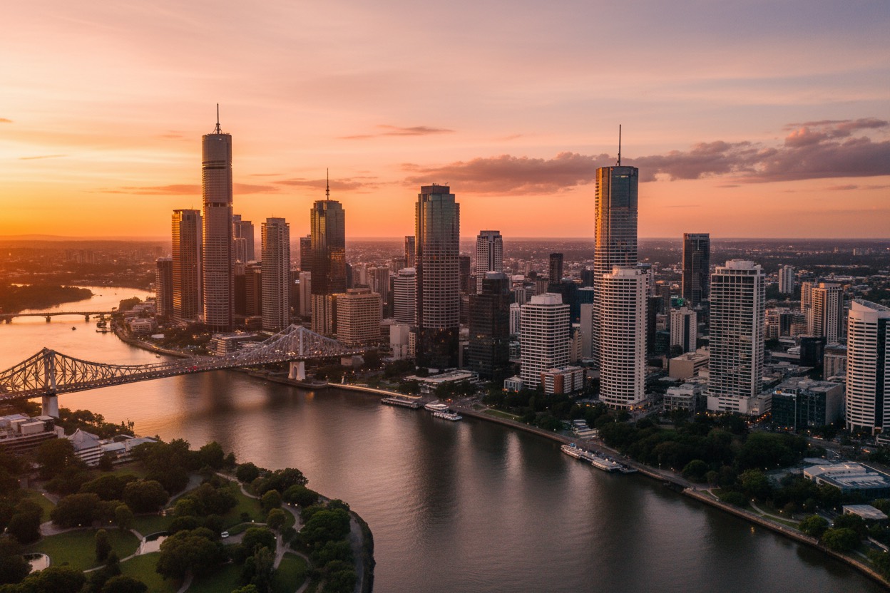 Sunset over a river city skyline and bridge