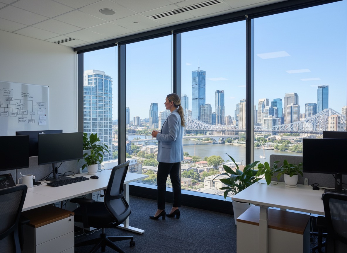 Professional looking out over a city skyline from a modern office