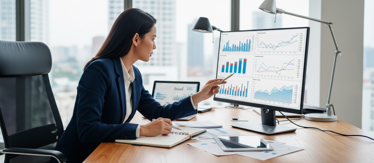 Two people reviewing data on a monitor