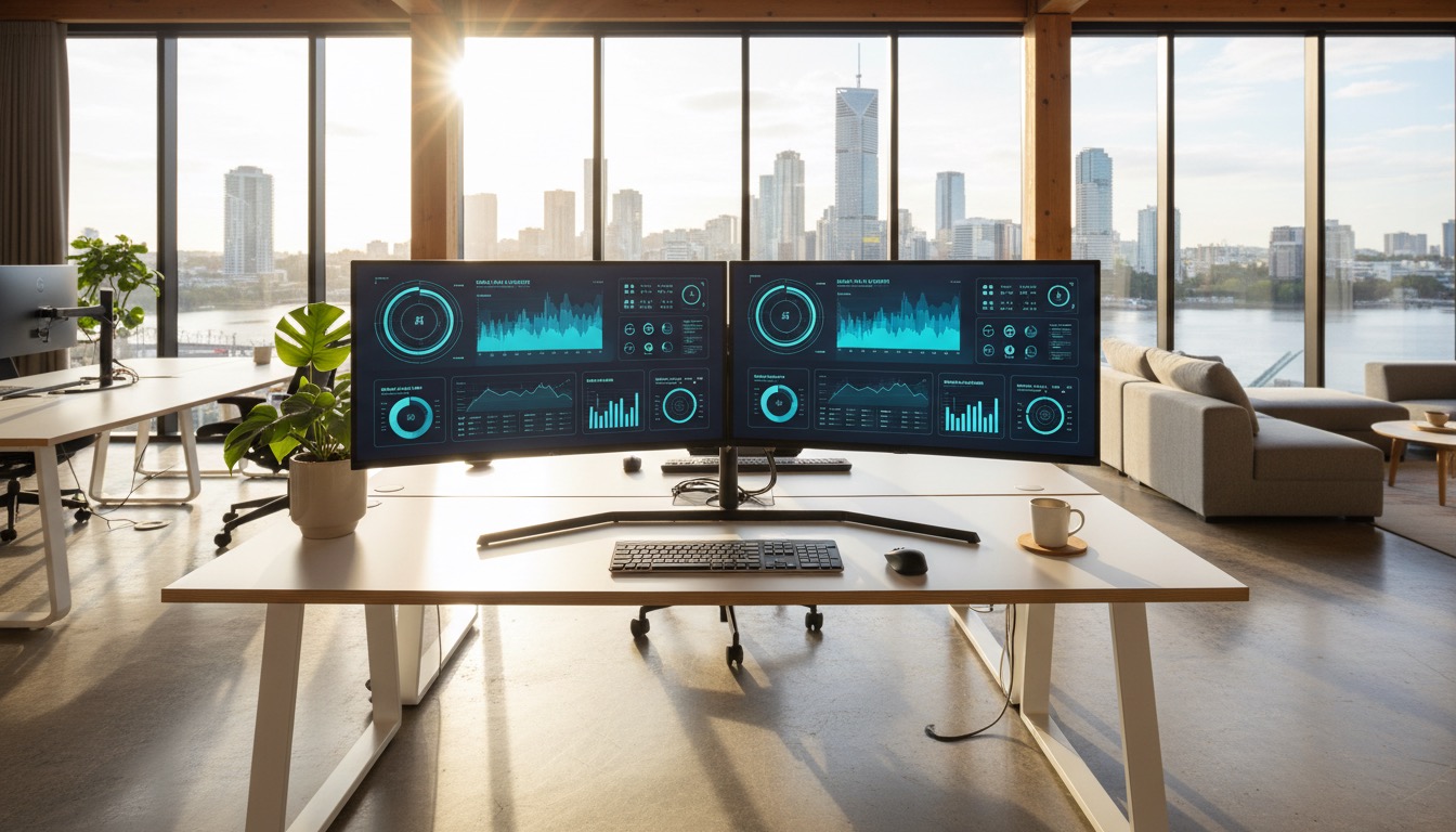 Founder workspace with dual monitors showing data dashboards