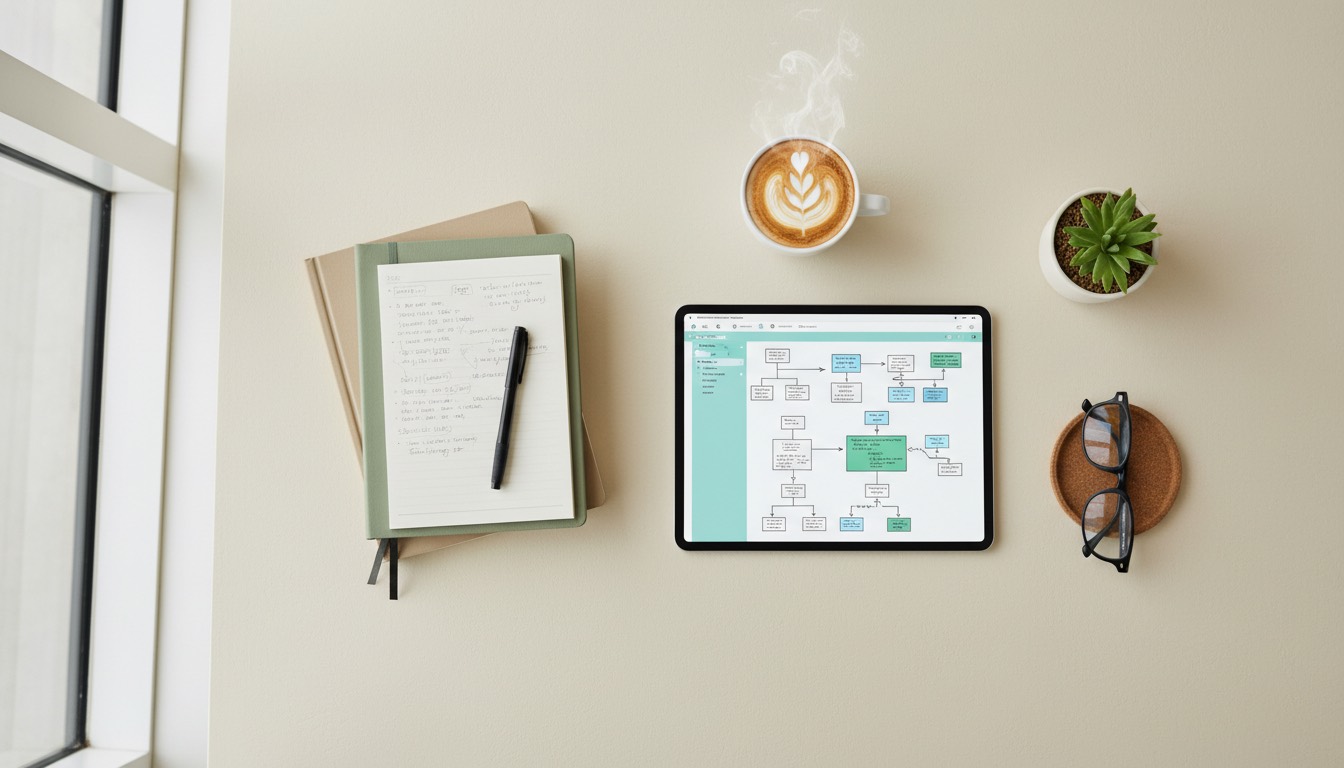 Desk with tablet, notebook and coffee