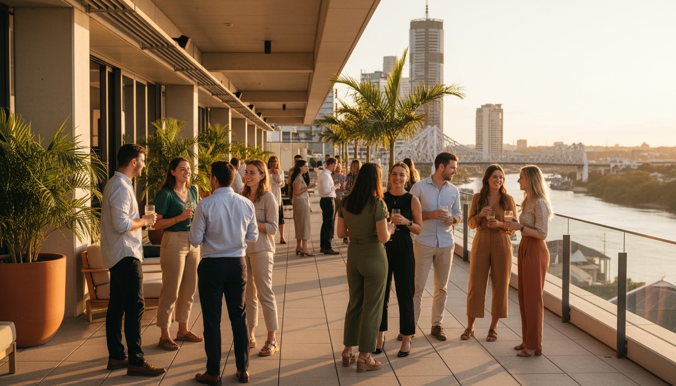 People gathering on a balcony overlooking a city at sunset